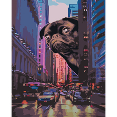 Картина за номерами Strateg ПРЕМІУМ Мопс серед міста розміром 40х50 см (GS701)
