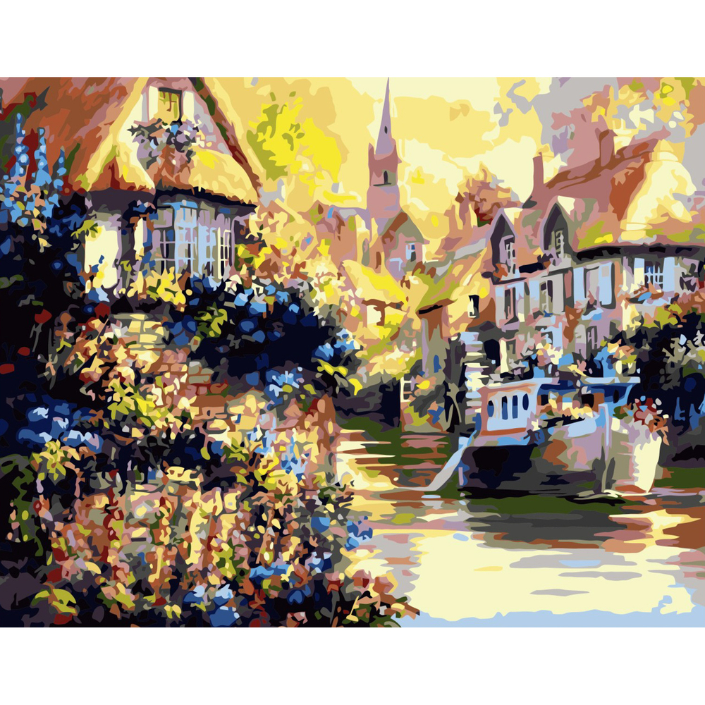 Фото, Відеоогляди картина за номерами човен у гавані strateg з лаком розміром 40х50 см (va-0216)