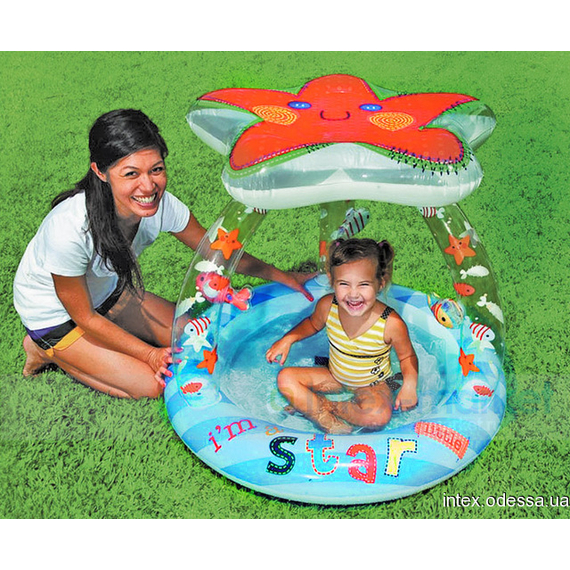 Басейн 57428 (6шт) круглый, с навесом-звездой, игрушки, в кор-ке, 102-86см