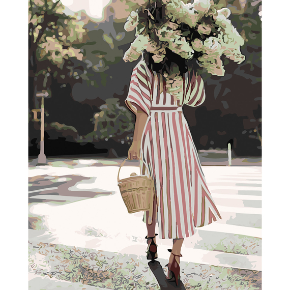 Картина за номерами Strateg ПРЕМІУМ Дівчина з бузком з лаком розміром 40х50 см SY6059