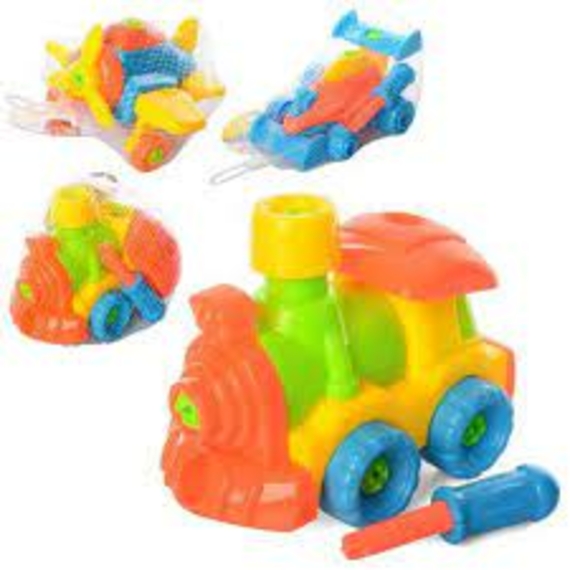 Конструктор 2017-А1-2-3-4 (144шт) на шурупах, 4 види, (машинка, літак, паровоз), викрутка, в сітці