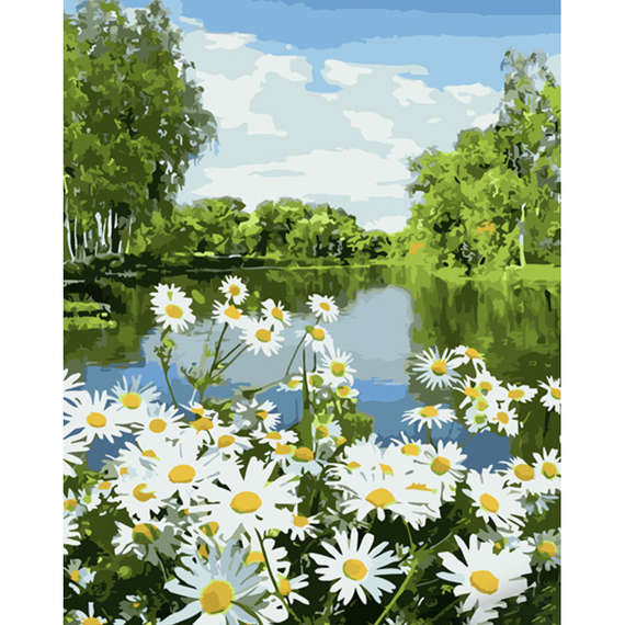 Картина за номерами Strateg ПРЕМІУМ Ромашки на березі річки розміром 40х50 см (GS1074)