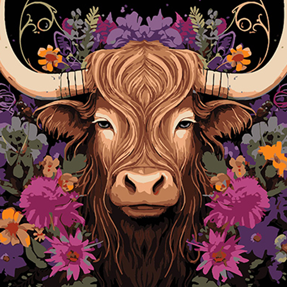 Фото, Видеообзоры картина за номерами strateg преміум корова в квітковій красі на чорному фоні розміром 40х40 см (av4040-72)