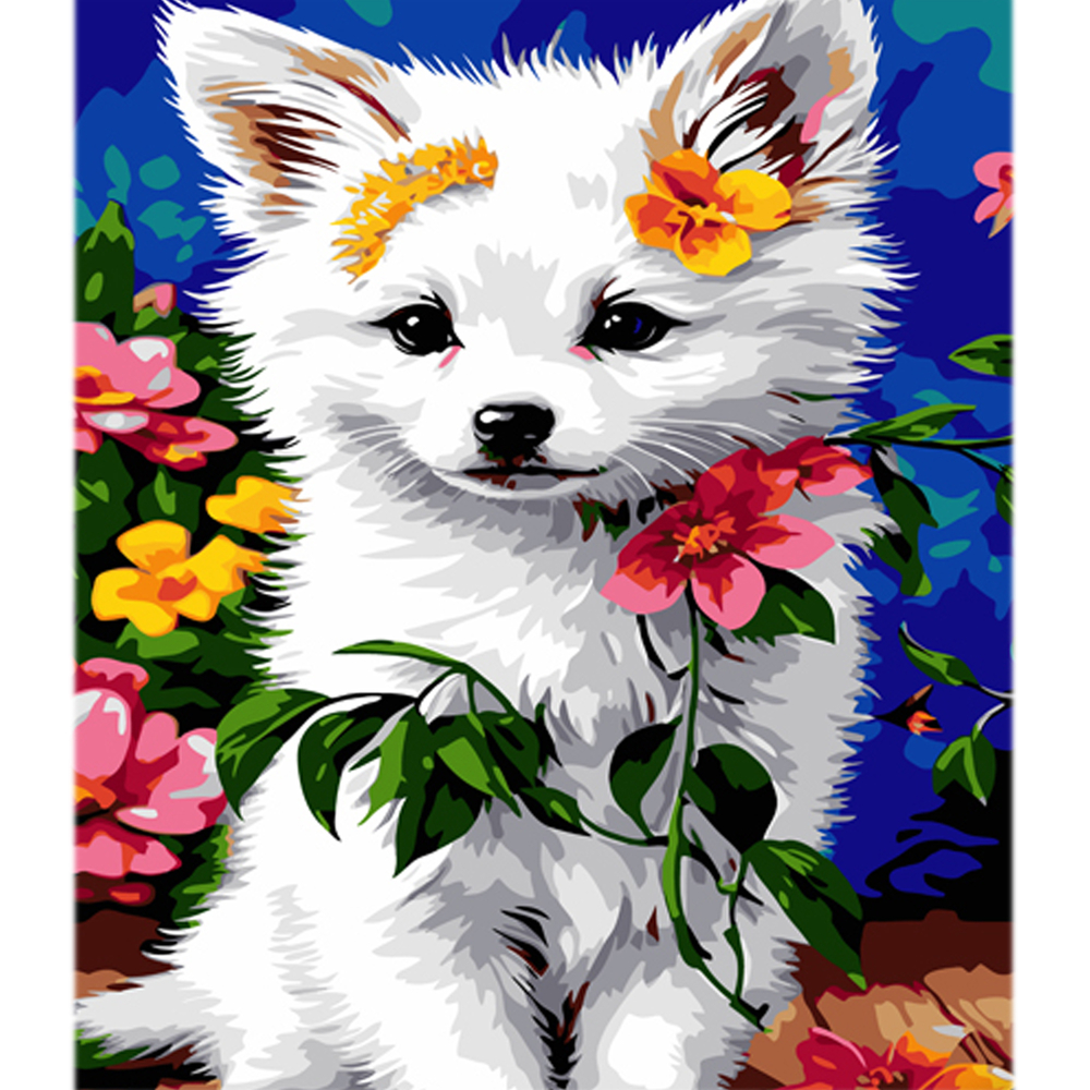 Фото, Видеообзоры картина за номерами strateg шпіц серед квітів на кольоровому фоні розміром 40х50 см (mz042)