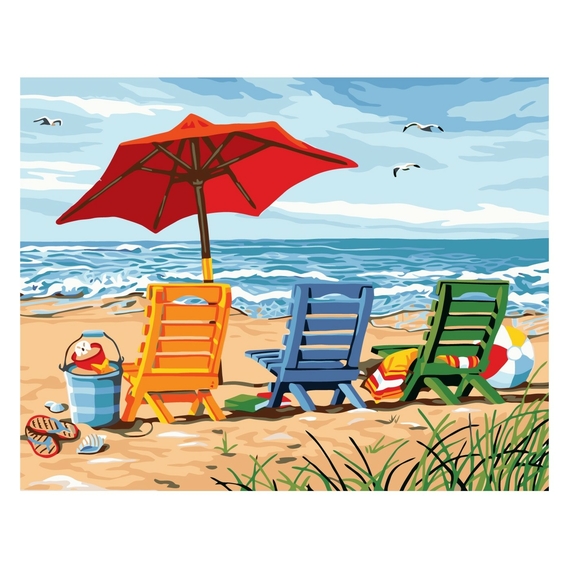 Картина за номерами Strateg ПРЕМІУМ Барвисті шезлонги з лаком розміром 40х50 см VA-2295