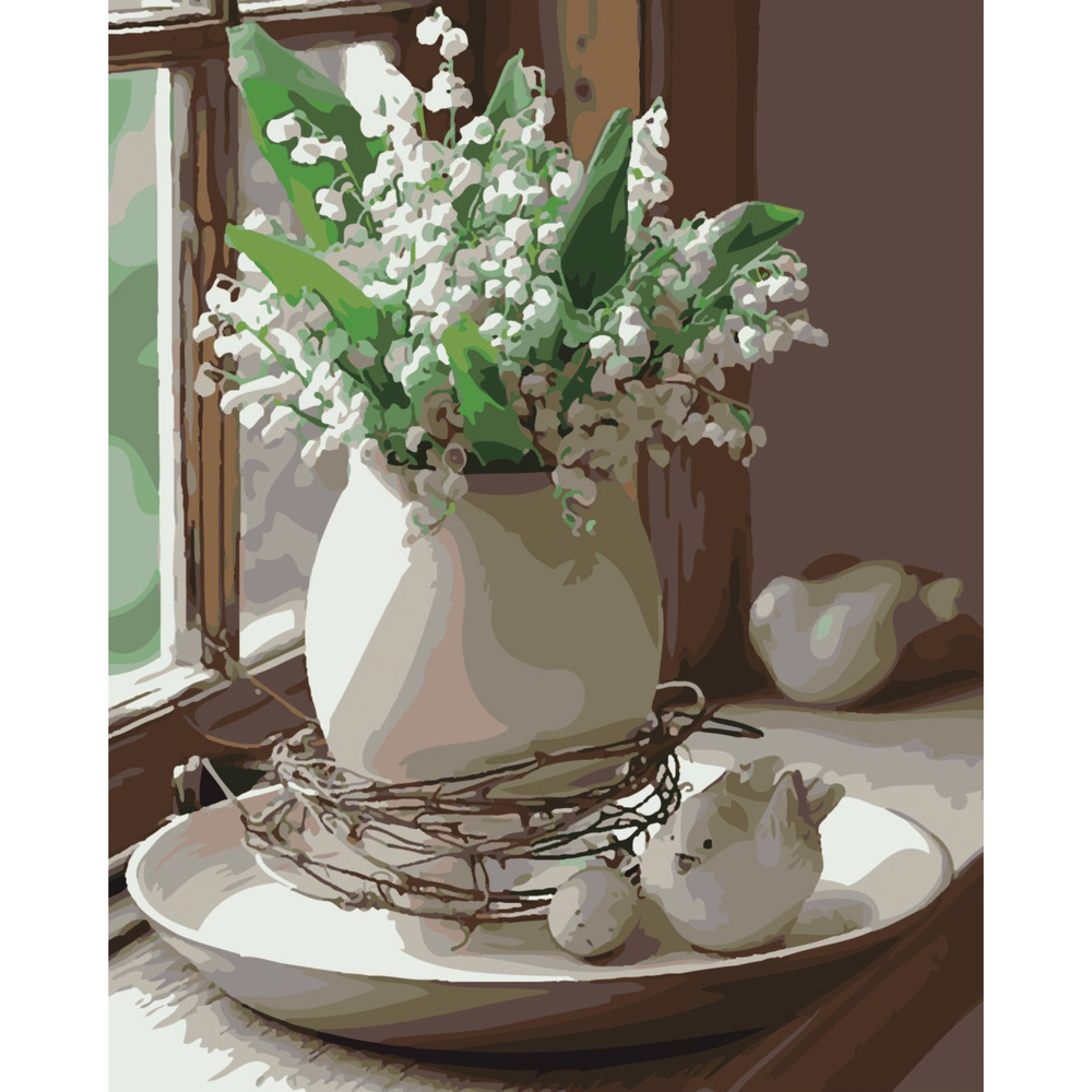 Фото, Відеоогляди картина за номерами strateg конвалії у вазі на кольоровому фоні розміром 40х50 см (sy6464)