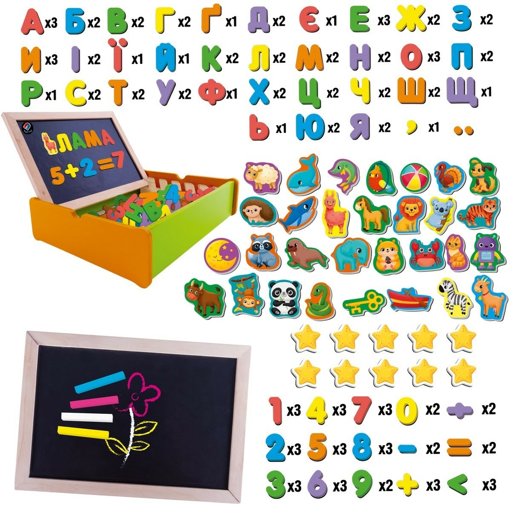 Фото, Видеообзоры магнітний набір 2 в 1 «абетка та математика» в дерев'яній коробці vt5411-17