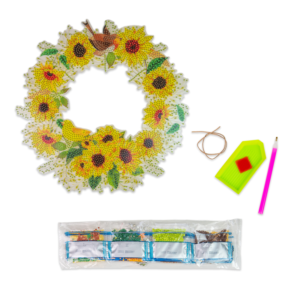 Фото, Відеоогляди алмазна мозаїка strateg преміум віночок із соняшників підвісний розміром 30х30 см (hhe26387)