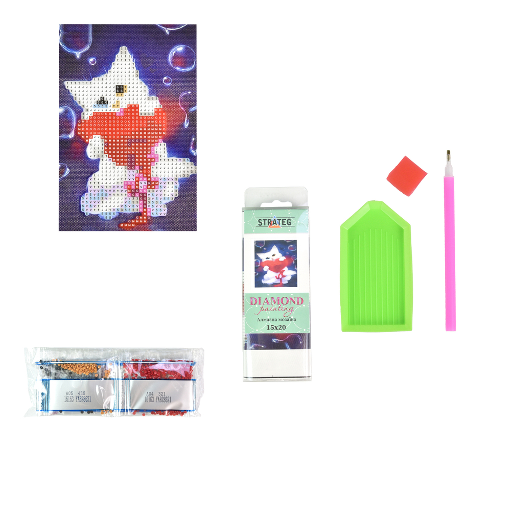 Фото, Видеообзоры алмазна мозаїка strateg преміум котик з сердечком без підрамника розміром 10х15 см (yab28621)