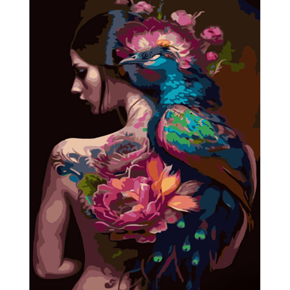 Фото, Видеообзоры картина за номерами strateg преміум дівчина та павич з лаком розміром 40х50 см (gs1320)