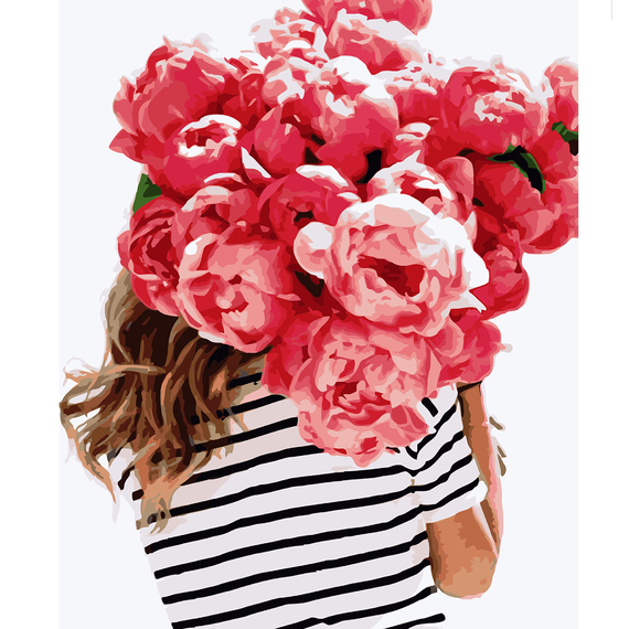 Картина за номерами Strateg ПРЕМІУМ Дівчина з букетом півонії з лаком розміром 40х50 см VA-3129