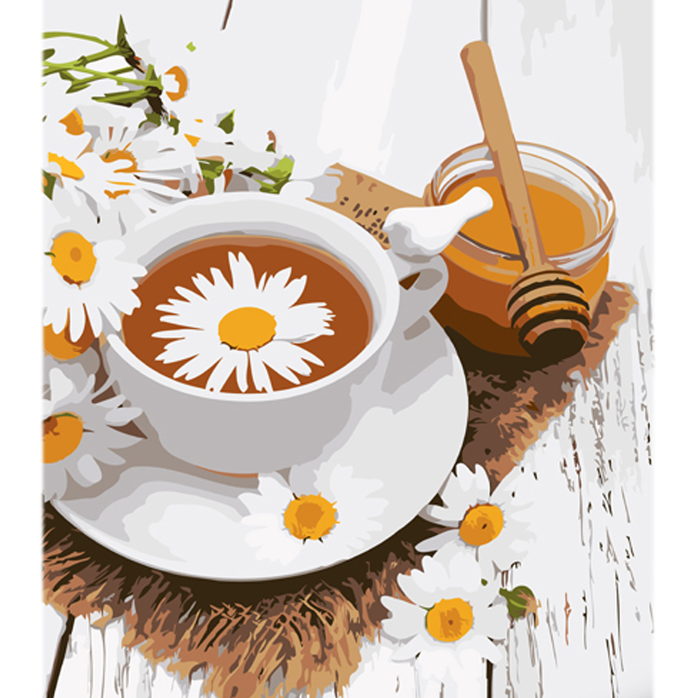 Фото, Видеообзоры картина за номерами strateg преміум ромашковий чай з медом з лаком та з рівнем розміром 30х40 см (ly34)