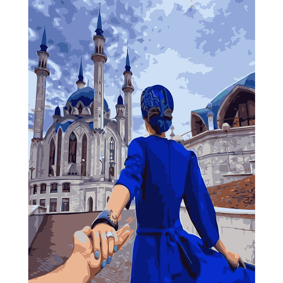 Картина за номерами Strateg ПРЕМІУМ Дівчина в синьому з лаком розміром 40х50 см VA-0833