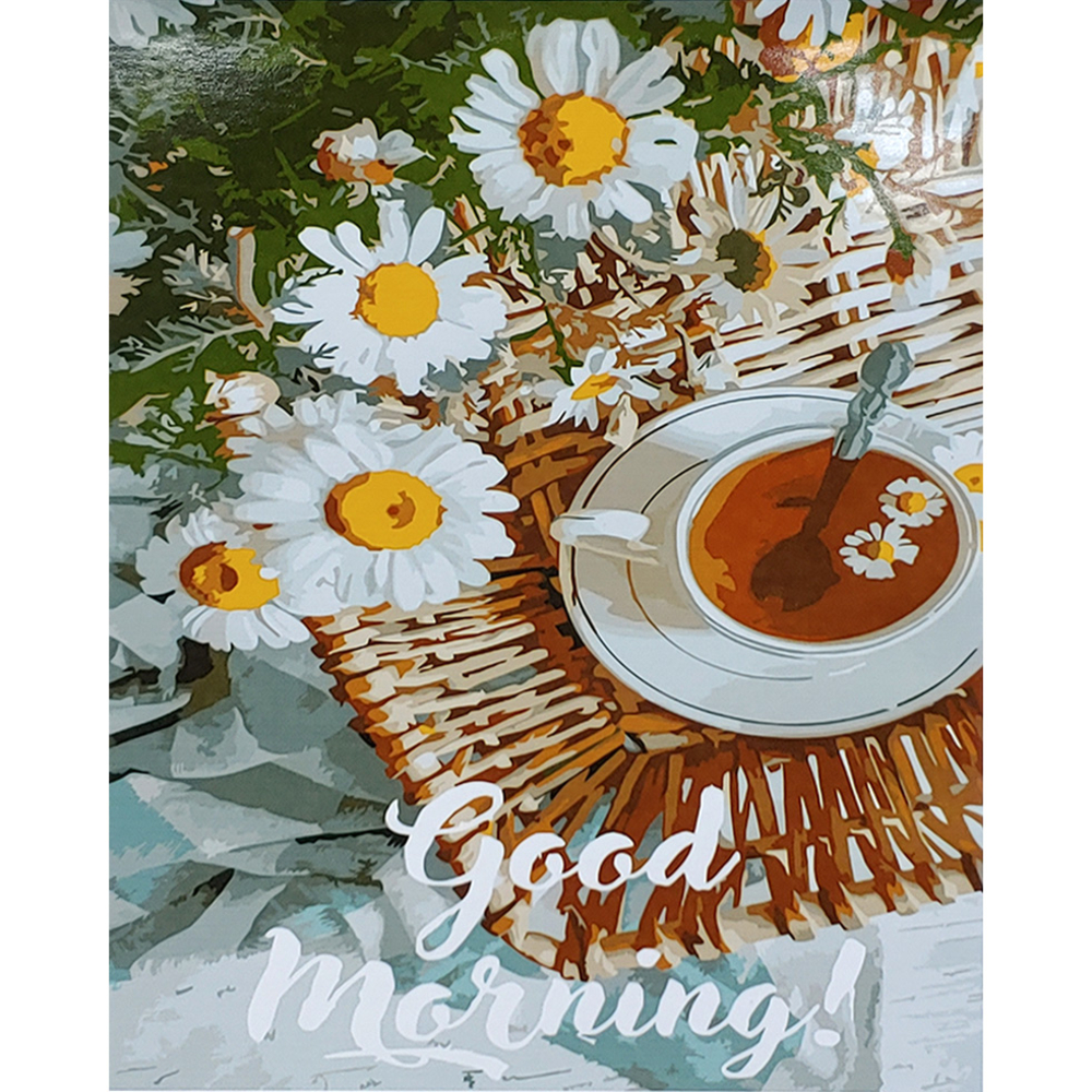 Фото, Видеообзоры картина за номерами strateg преміум good morning з ромашками з лаком розміром 40х50 см (sy6868)