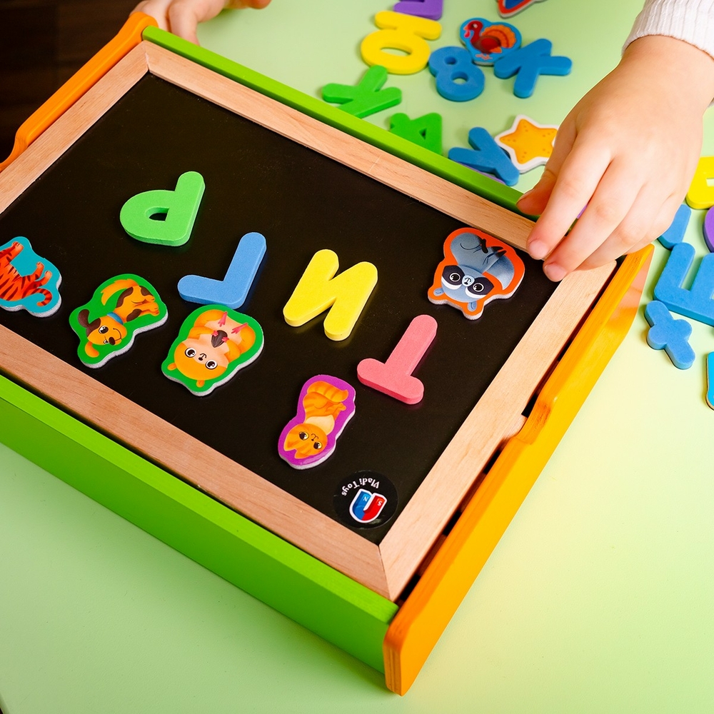 Фото, Видеообзоры магнітний набір 2 в 1 «абетка та математика» в дерев'яній коробці vt5411-17