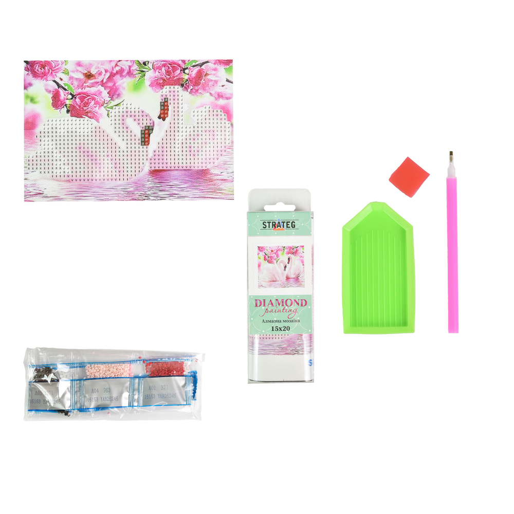 Фото, Відеоогляди алмазна мозаїка strateg преміум пара лебедів серед рожевих квітів без підрамника розміром 10х15 см (yab26246)