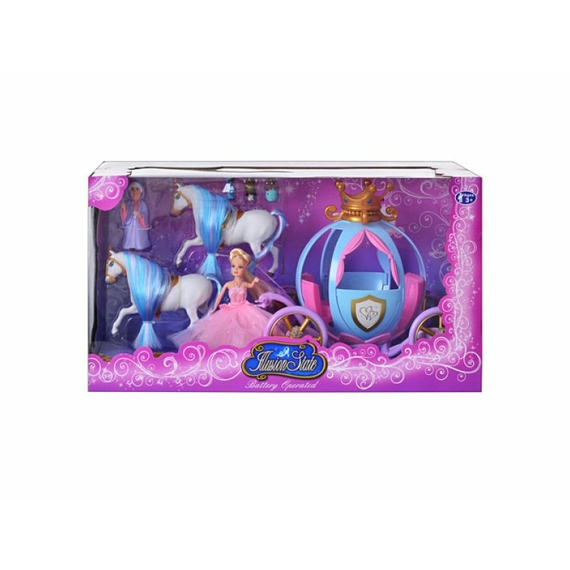 Карета 778397/201 (12шт) кукла Золушка, 2 лошади, фея, мыши, свет, на бат-ке, в кор-ке,49-20-26см