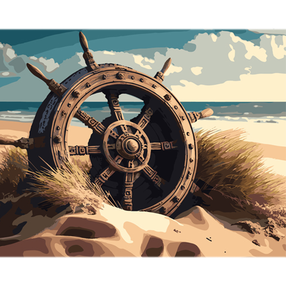 Фото, Видеообзоры картина за номерами strateg морський штурвал на пляжі на кольоровому фоні розміром 40х50 см (mz070)