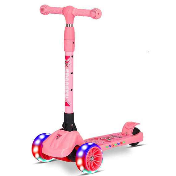 Дитячий триколісний самокат світяться колеса і складна ручка рожевий XTH-601 pink