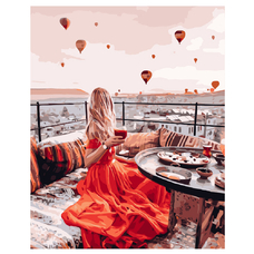 Картина за номерами Strateg ПРЕМІУМ Дівчина в червоному в Каппадокії з лаком розміром 40х50 см VA-1916