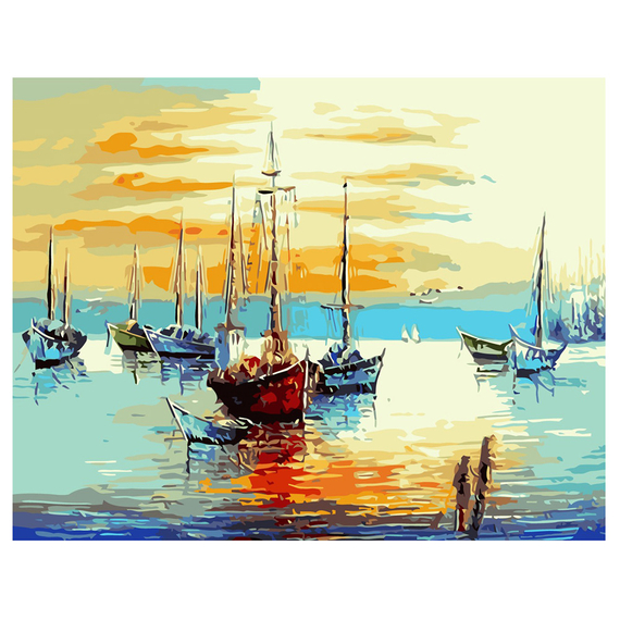Картина за номерами Strateg ПРЕМІУМ Залив з човнами з лаком розміром 40х50 см VA-2121
