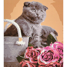 Картина за номерами Strateg ПРЕМІУМ Сірий пухнастик серед квітів з лаком та рівнем розміром 40х50 см (VA-4622)