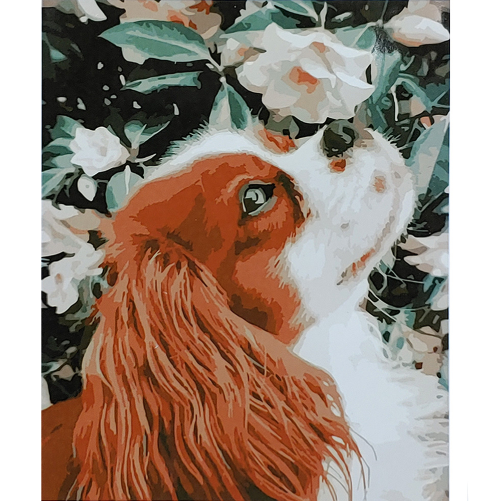 Фото, Видеообзоры картина за номерами strateg преміум песик в квітах з лаком розміром 40х50 см (sy6829)