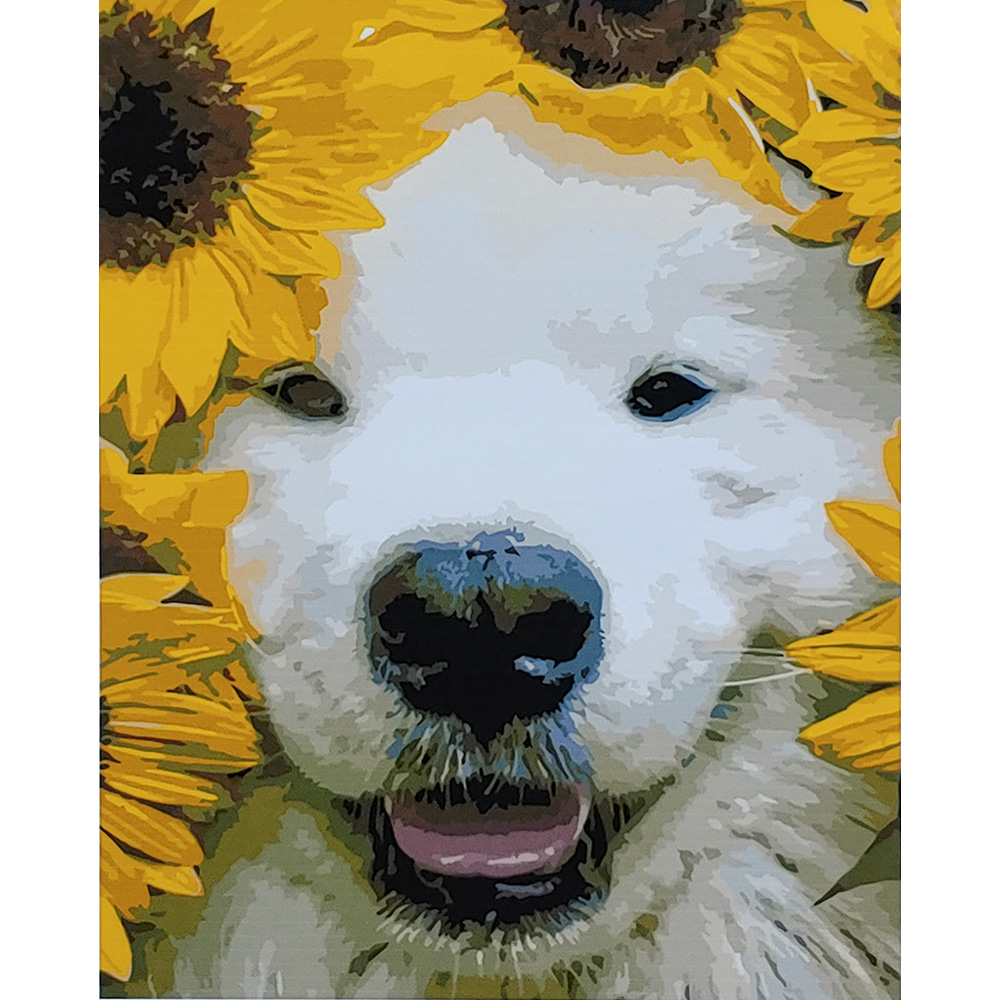 Фото, Відеоогляди картина за номерами strateg преміум песик у соняшниках з лаком розміром 40х50 см (sy6813)