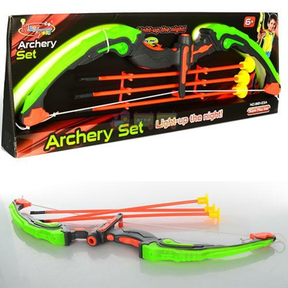 Лук M 0034 (12шт) 62-15см,стріли на присосках 3 шт, світло,на бат. , в кор.