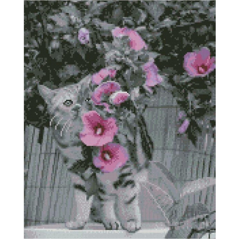 Фото, Видеообзоры алмазна картина strateg преміум котик з мальвами розміром 40х50 см fa40913