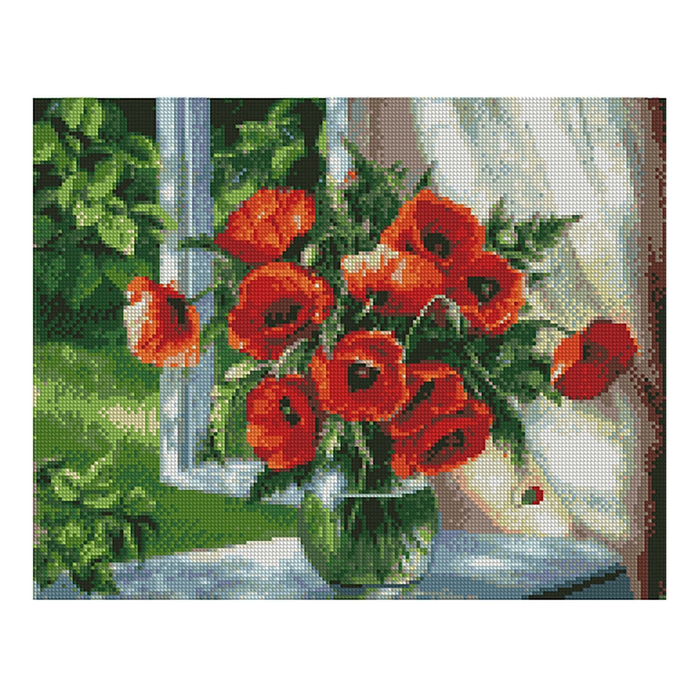 Фото, Видеообзоры алмазна мозаїка strateg преміум маки на підвіконні 40х50 см fa10423