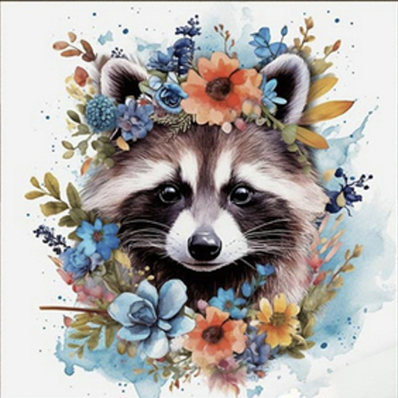 Алмазна мозаїка Strateg ПРЕМІУМ  Єнотик у квітах розміром 30х30 см  (ME13831)