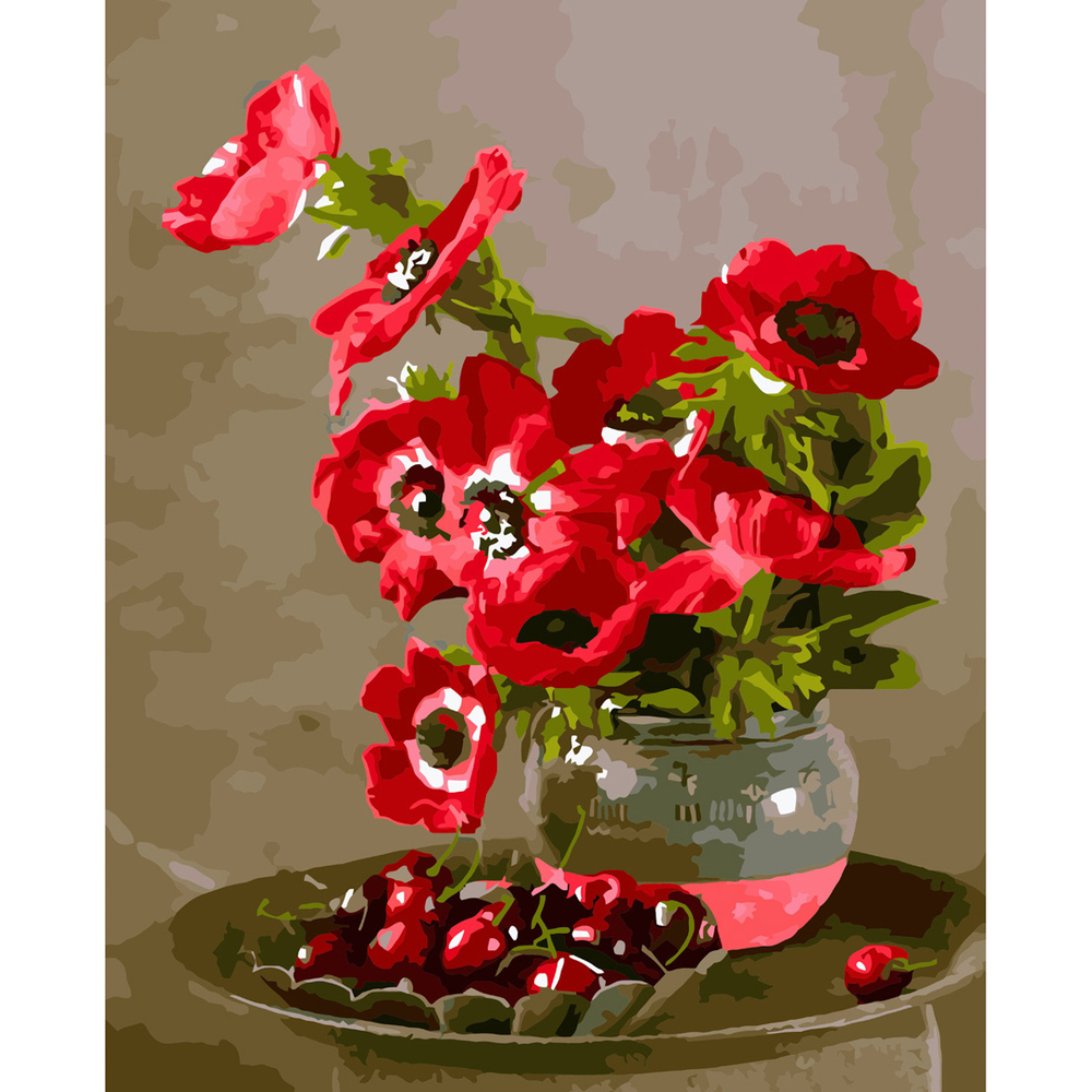 Фото, Видеообзоры картина за номерами strateg преміум маки та черешні з лаком розміром 40х50 см va-3636