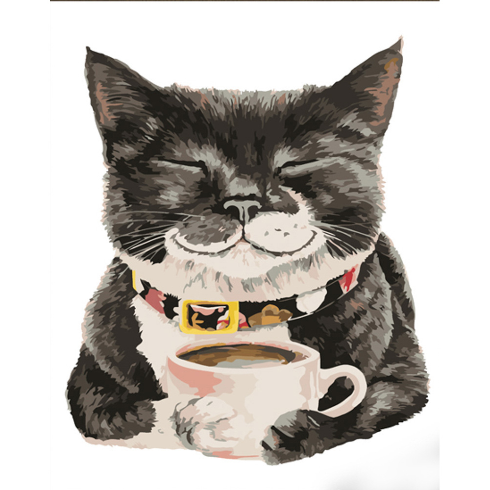 Фото, Видеообзоры картина за номерами strateg преміум котик та чашка з лаком розміром 30х40 см (ss6793)