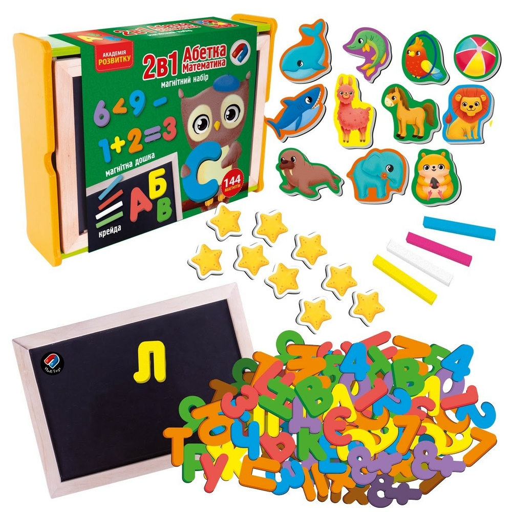 Фото, Видеообзоры магнітний набір 2 в 1 «абетка та математика» в дерев'яній коробці vt5411-17